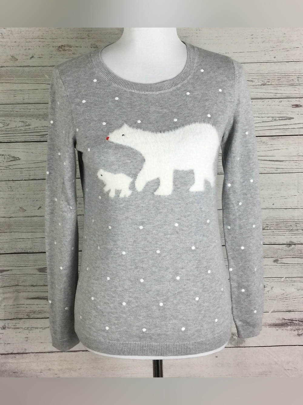 Talbots Sweater Women’s XS Gray White Embroidery Polka Dot Polar Bear Crewneck